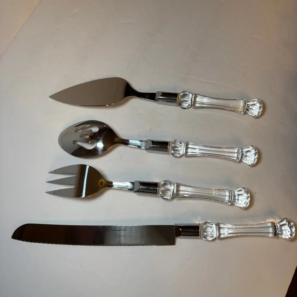 Vintage Bellamo 4-Piece Pc Serving Set Lucite Crystal Handles Knife Fork Spoon